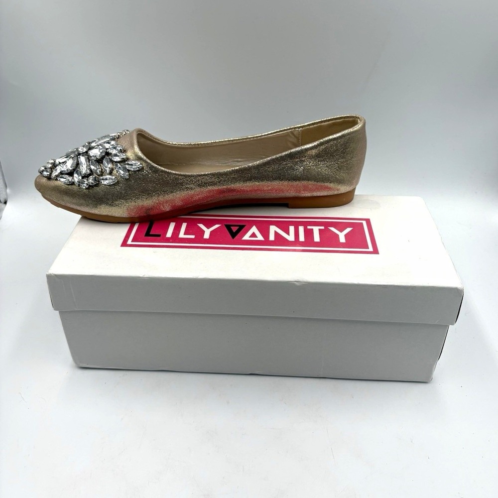 Lily Vanity Womens Gold Faux Leather Rhinestone Pointed Toe Ballet Flats 9.5